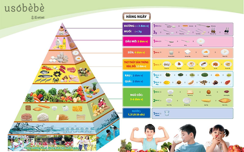 Tháp dinh dưỡng cho trẻ gồm có 6 tầng